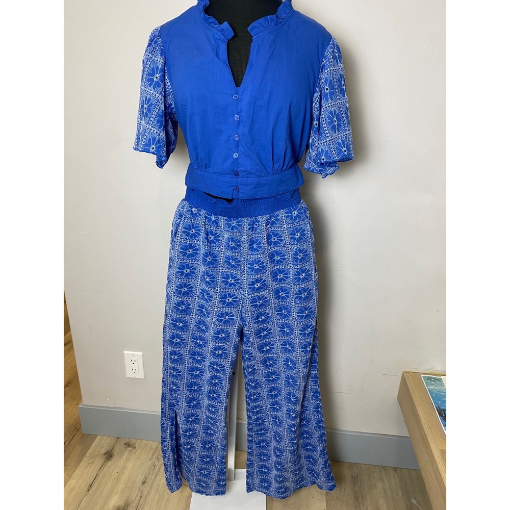 Solitaire Blue Eyelet Embroidered 2 Piece Crop Top Wide Leg Pants Boho Resort